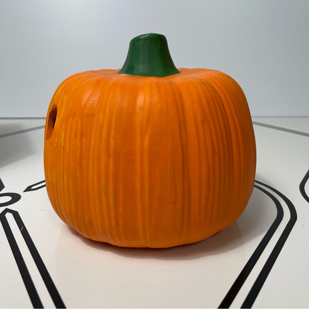 Vintage Pumpkin Time 6" Ceramic Jack O Lantern Candle Holder Orange Green Box - Picture 3 of 10